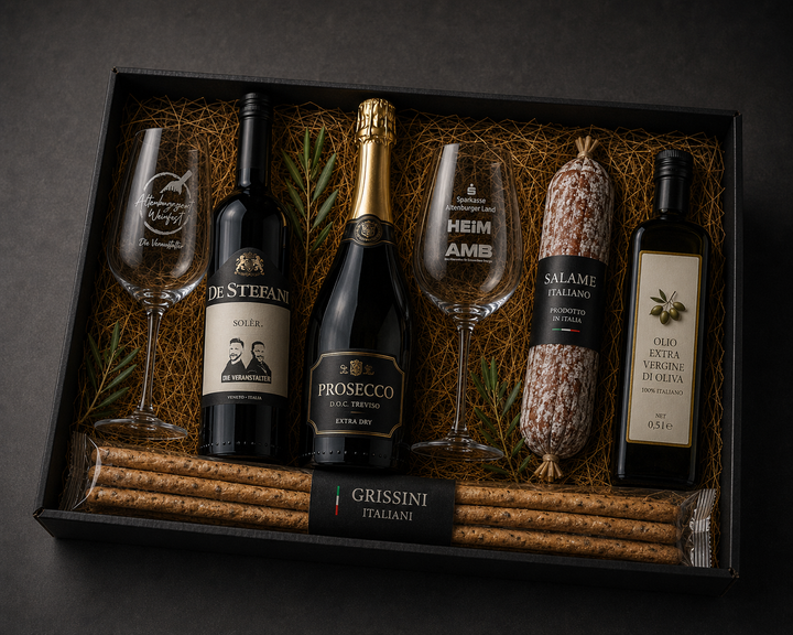 Premium Genussbox mit italienischem Rotwein, Prosecco, Olivenöl, zwei Weingläsern, italienischer Salami und Grissini