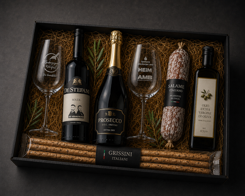 Premium Genussbox mit italienischem Rotwein, Prosecco, Olivenöl, zwei Weingläsern, italienischer Salami und Grissini