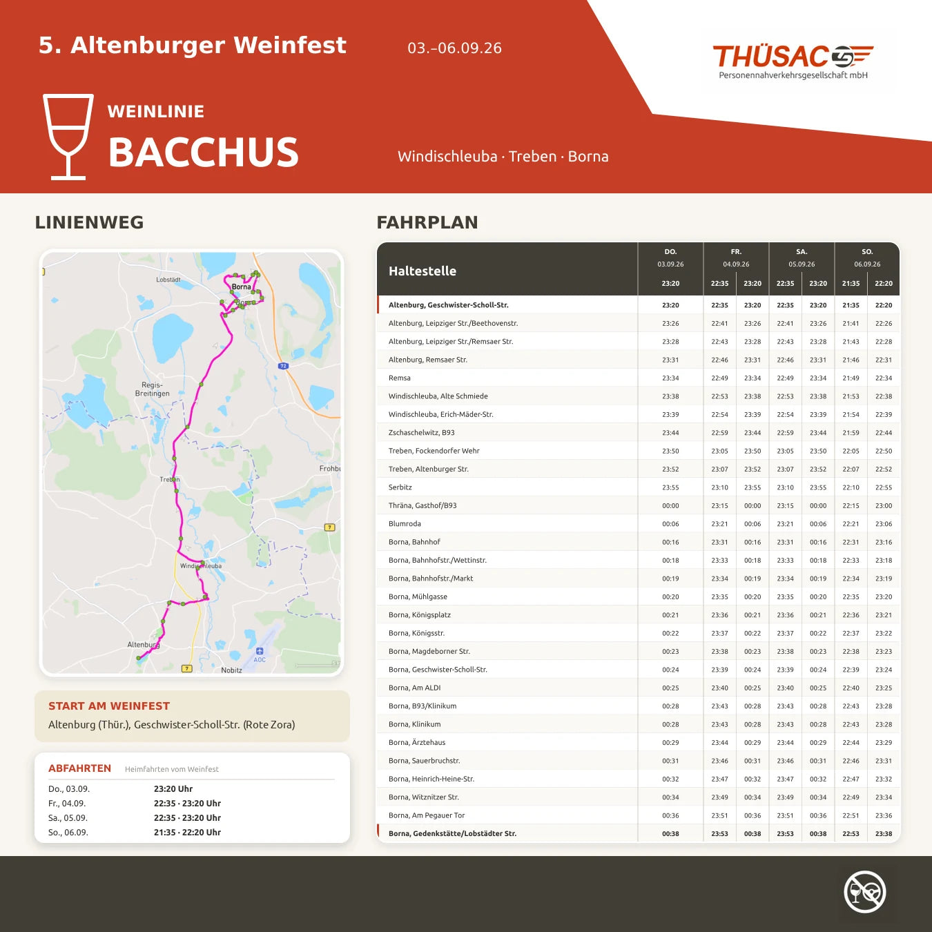 Fahrplan der Weinlinie Bacchus: Windischleuba · Treben · Borna
