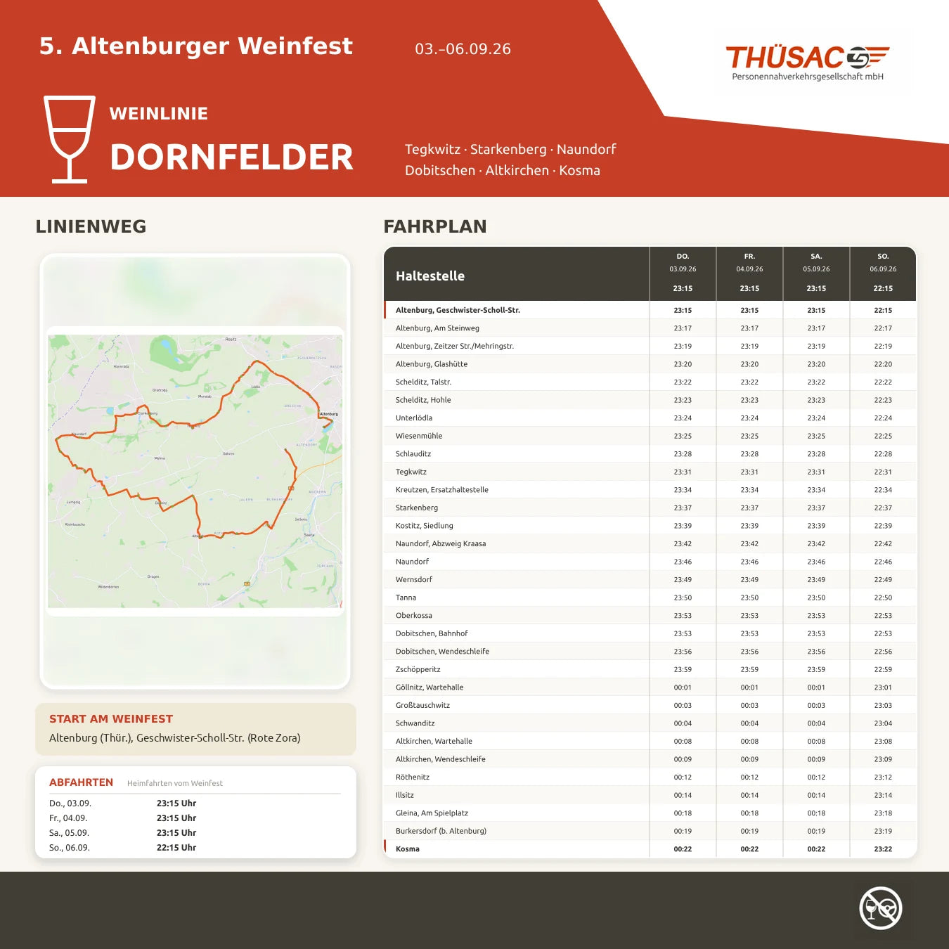 Fahrplan der Weinlinie Dornfelder: Tegkwitz · Starkenberg · Naundorf · Dobitschen · Altkirchen · Kosma