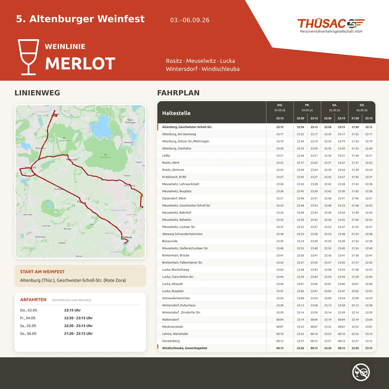 Fahrplan der Weinlinie Merlot: Rositz · Meuselwitz · Lucka · Wintersdorf · Windischleuba